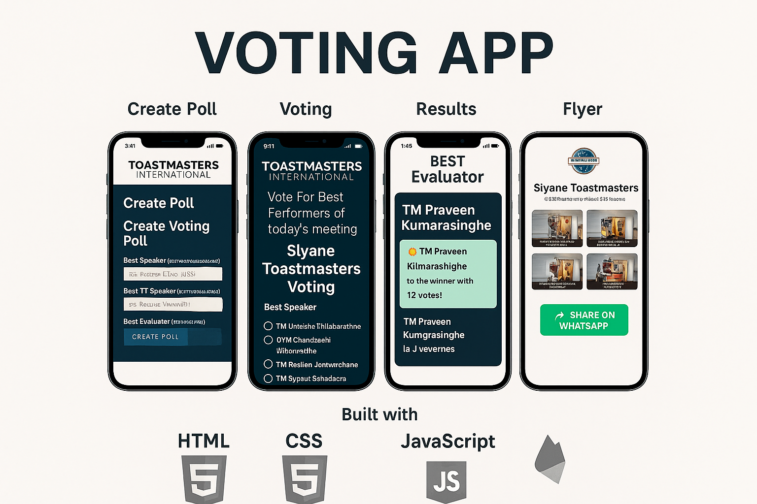 Voting App poster — Create, Vote, Results, Flyer, WhatsApp